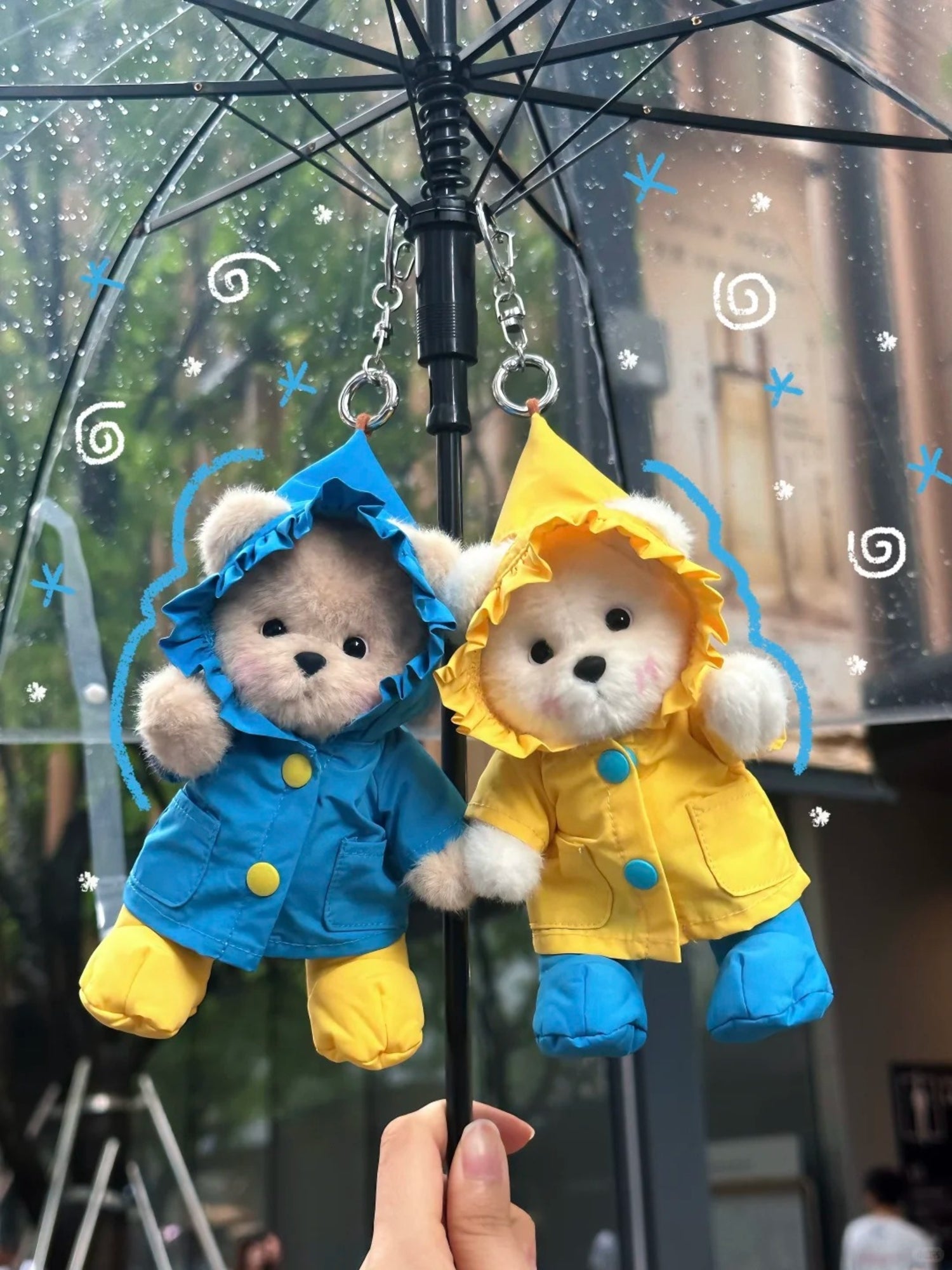 Lina Bear Blue Raincoat with Keychain - Milk Tea (15cm)