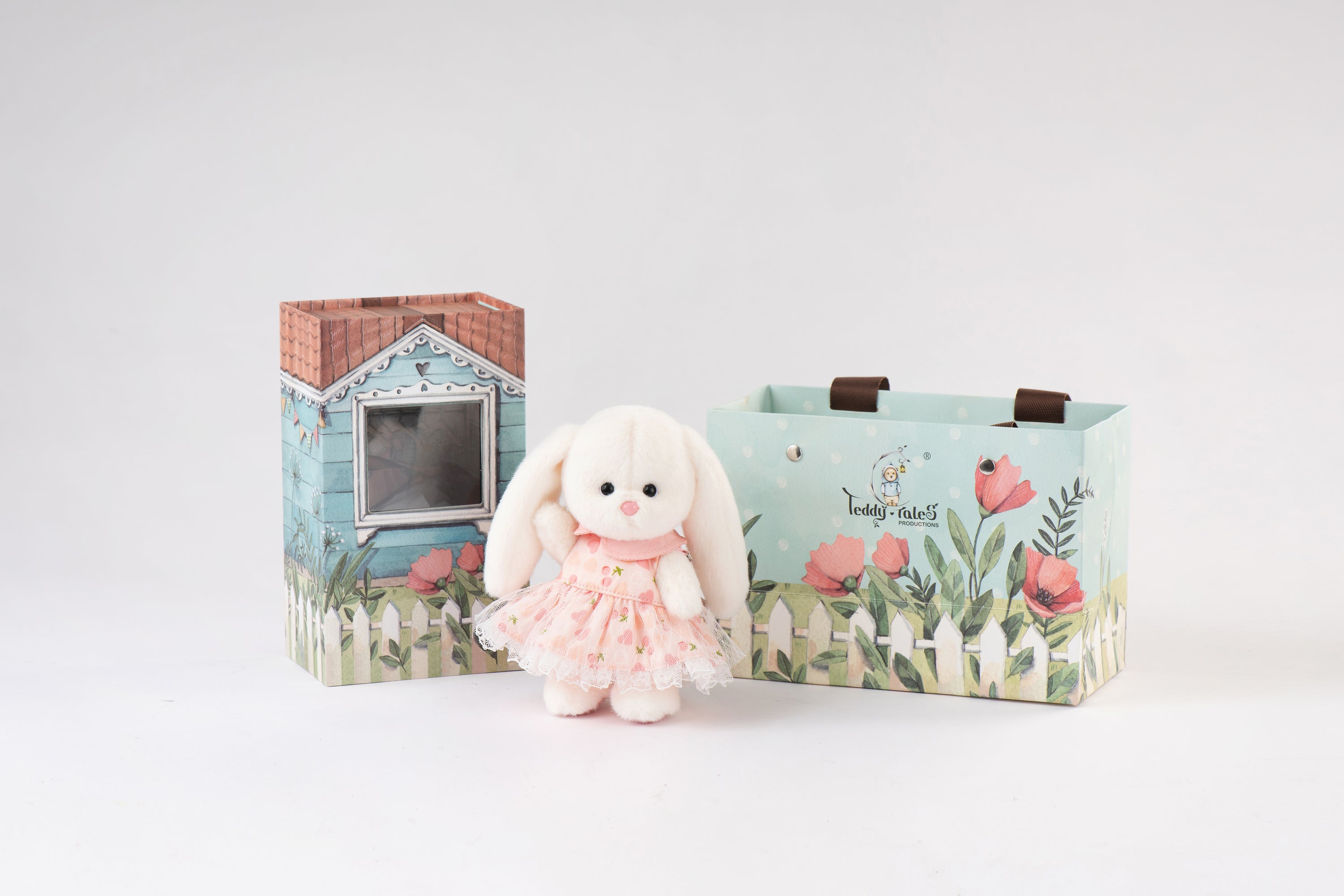 Lina Rabbit Drop Ear Pink Dress with Heart Keychain - White (15cm)