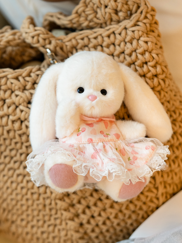 Lina Rabbit Drop Ear Pink Dress with Heart Keychain - White (15cm)