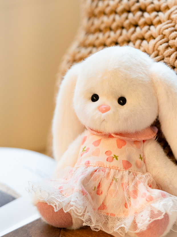 Lina Rabbit Drop Ear Pink Dress with Heart Keychain - White (15cm)