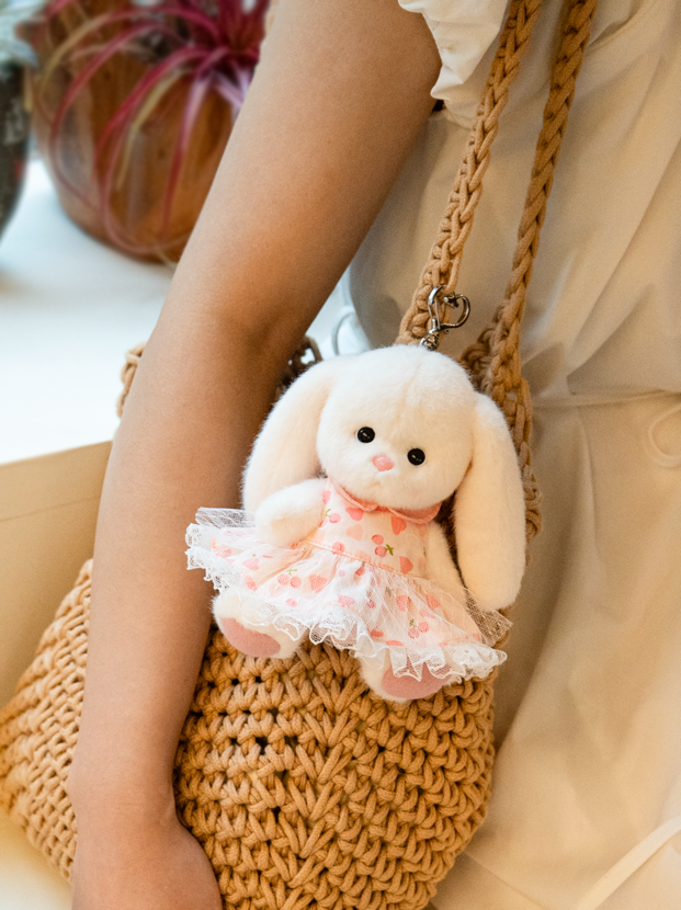 Lina Rabbit Drop Ear Pink Dress with Heart Keychain - White (15cm)