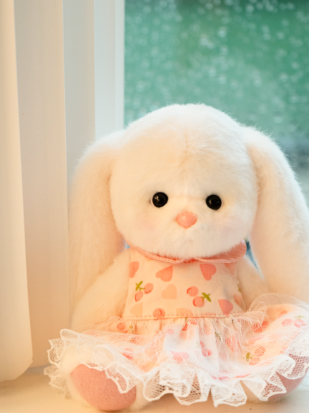 Lina Rabbit Drop Ear Pink Dress with Heart Keychain - White (15cm)