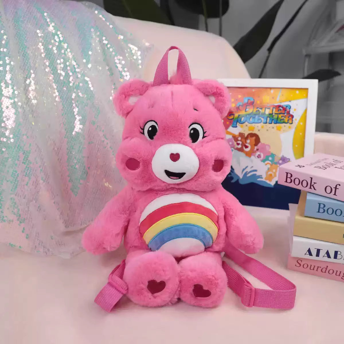 Unlock the Magic: Fluffy Hug Backpack - Cheer Bear