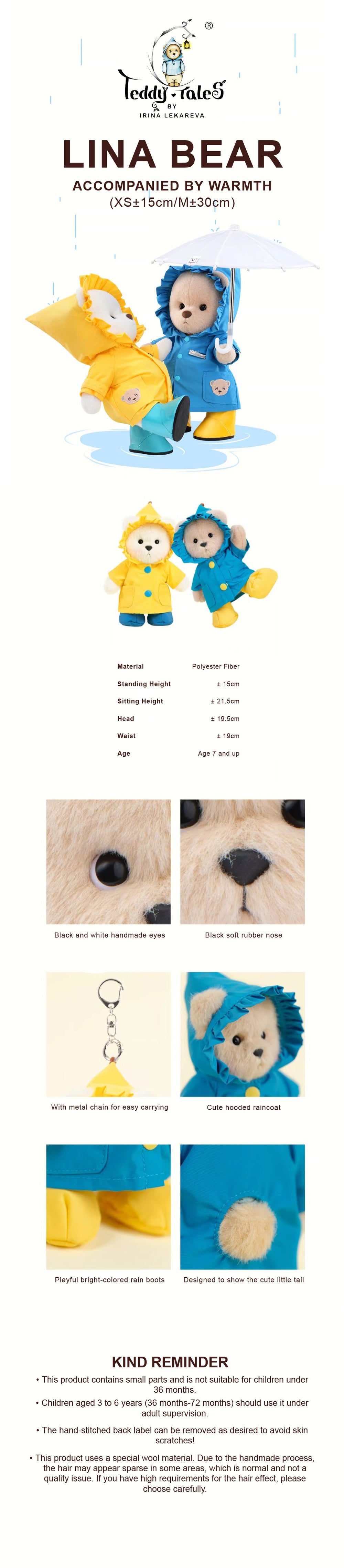 Lina Bear Blue Raincoat with Keychain - Milk Tea (15cm)