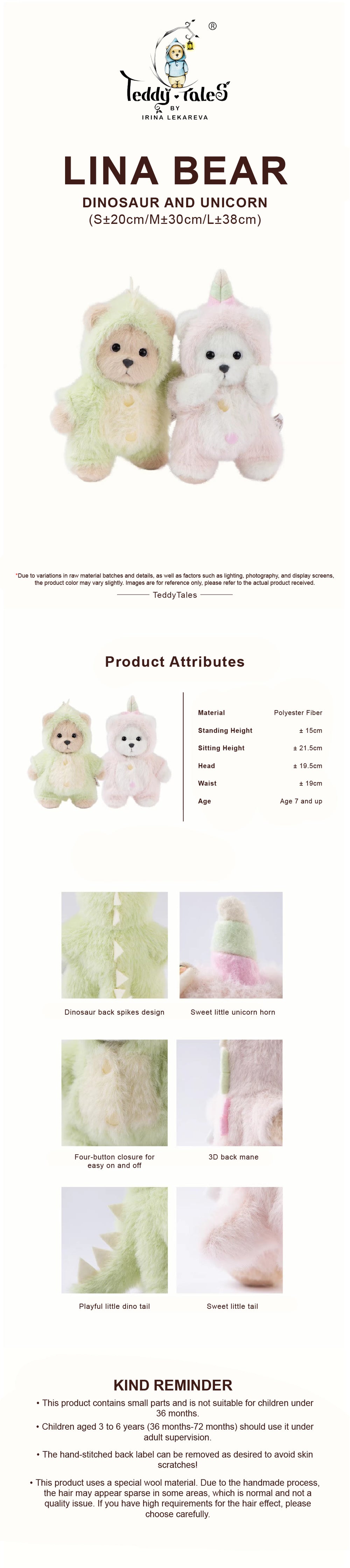 Lina Bear Green Dinosaur with Keychain - White (15cm)
