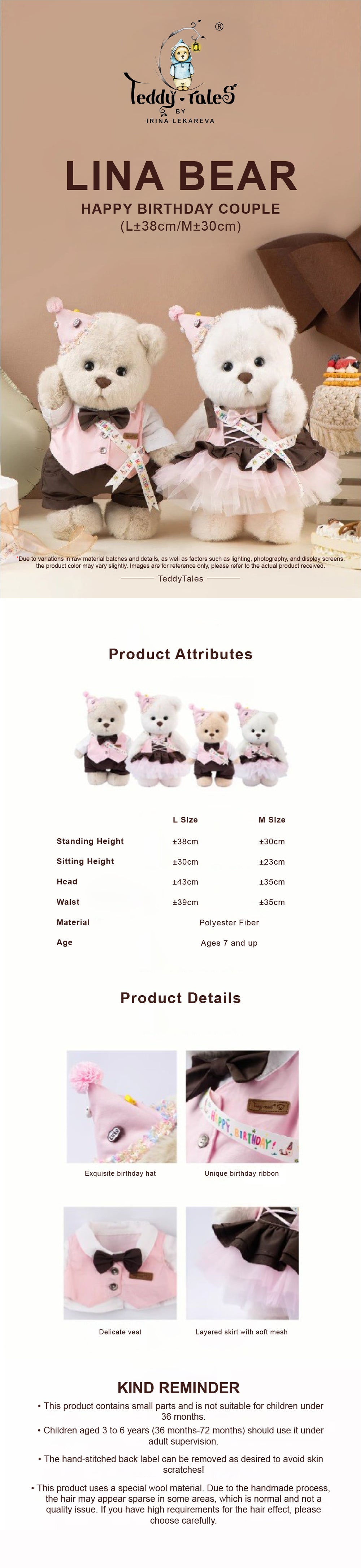 Lina Bear Happy Birthday Couple - Milk Tea (30cm)