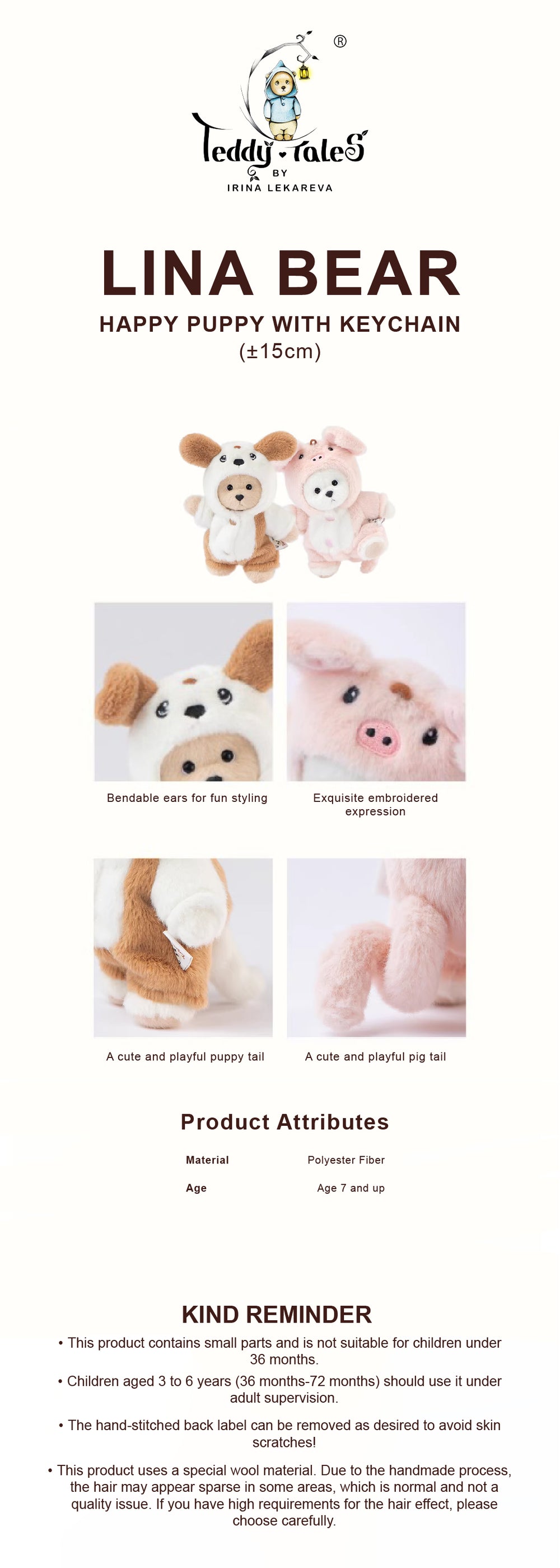 Lina Bear Puppy Suit with Keychain - White (15cm)
