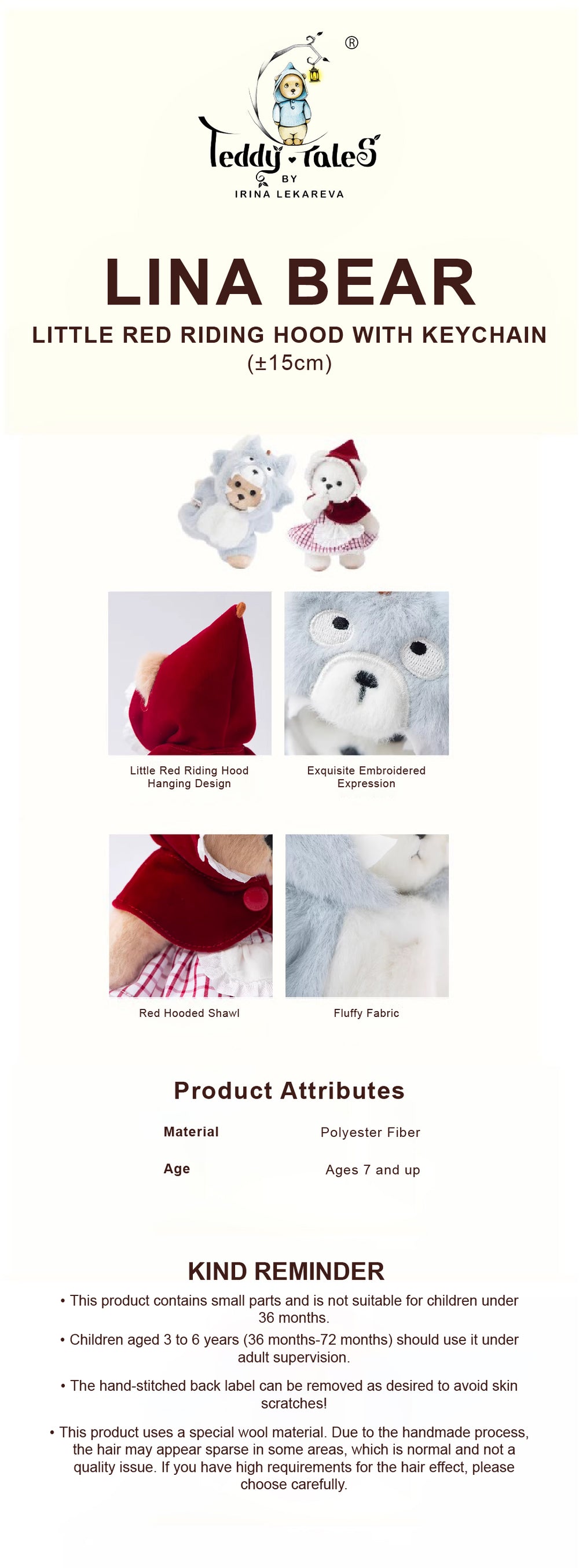 Lina Bear Little Red Riding Hood with Keychain - White (15cm)