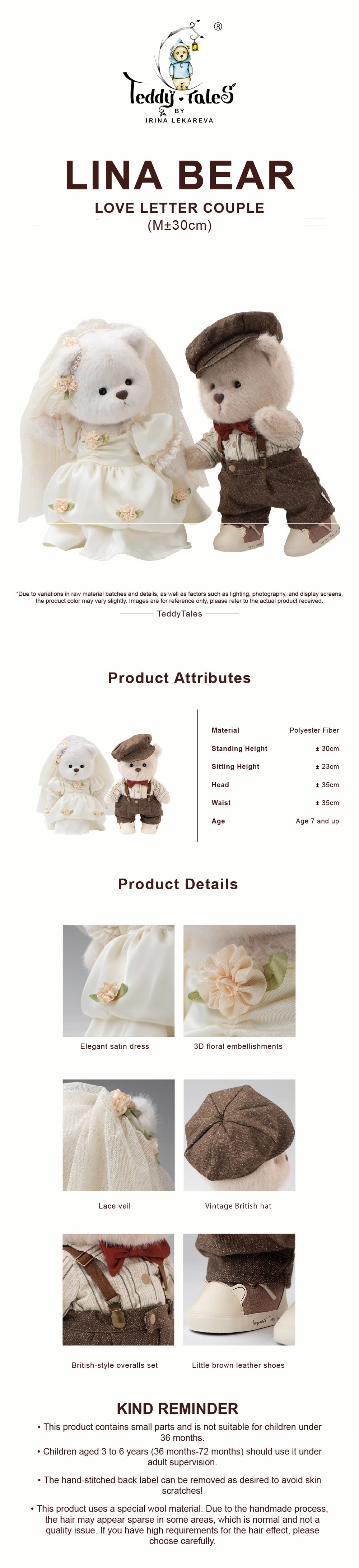 Lina Bear Love Letter Couple Bride - White (30cm) 