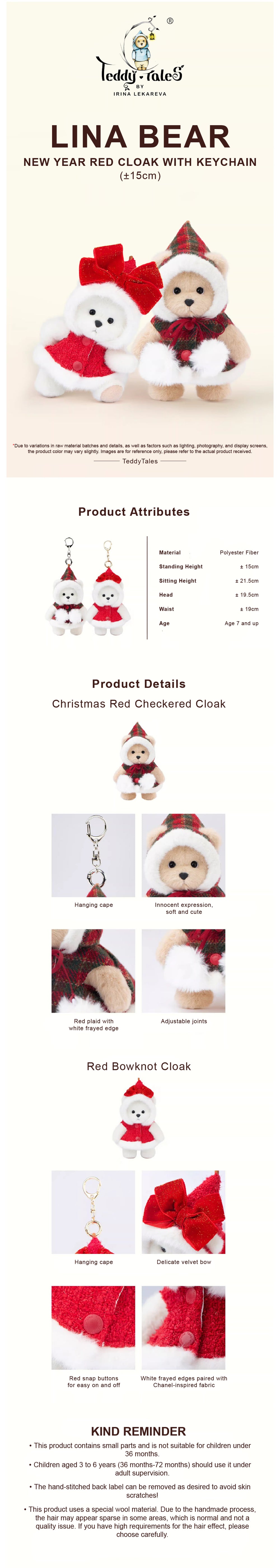 Lina Bear Red Bowknot Cloak with Keychain - Milk Tea (15cm)