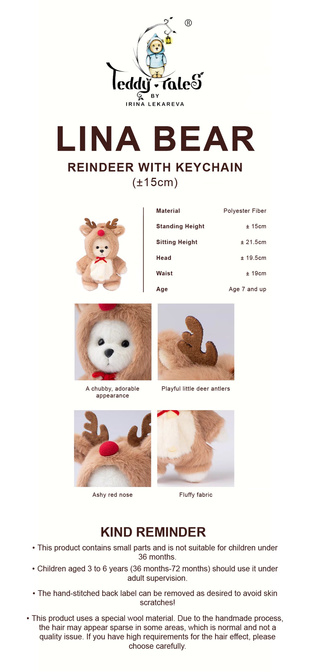 Lina Bear Reindeer with Keychain - Milk Tea (15cm)